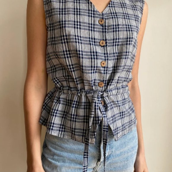 plaid navy white blouse / drawstring fitted waist - Picture 2 of 5